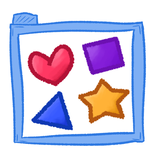 A red heart, purple square, blue triangle, and yellow star all inside of a transparent blue folder.